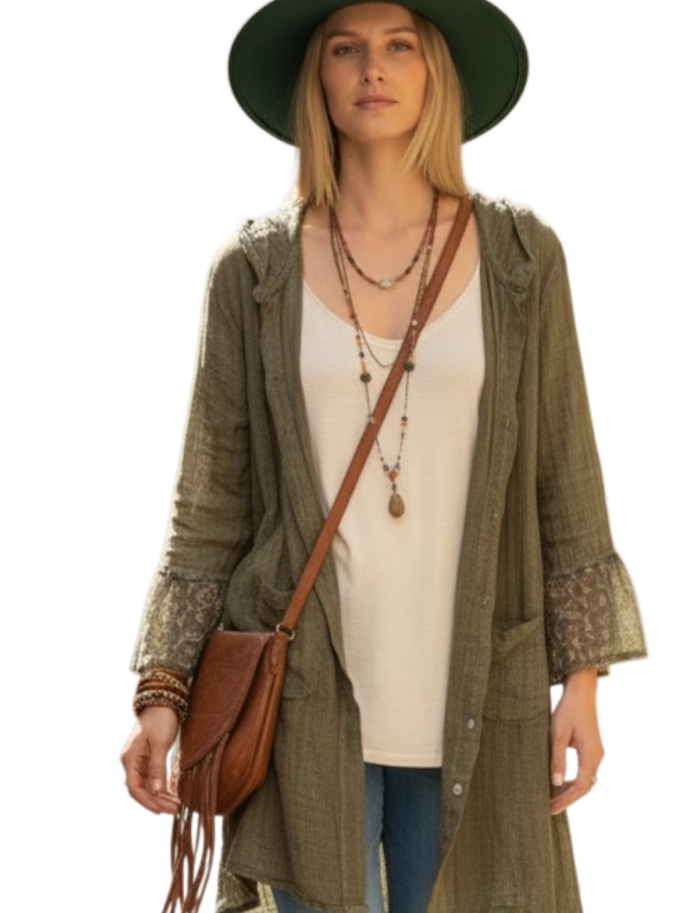 Jaded Gypsy S/M Boho Lace-Trim Olive Green Hooded Duster